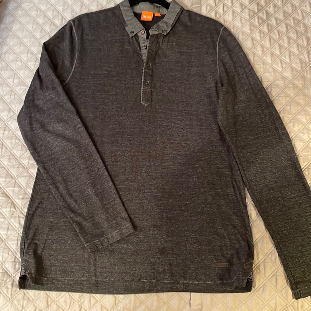 Men’s Hugo Boss graphite knit adjustable sleeve polo shirt with pattern collar